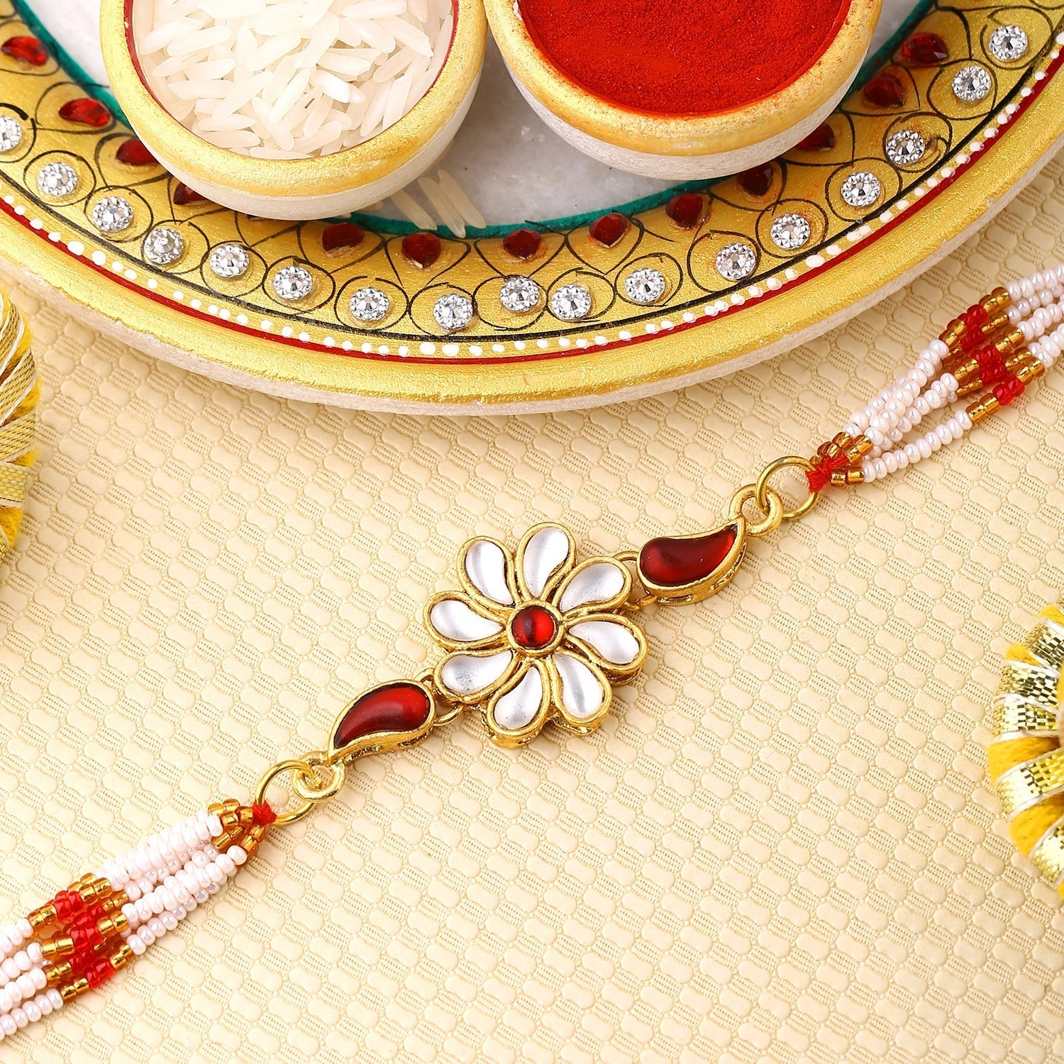 trueBrowns X Voylla Graceful Kundan Rakhi With Roli Chaawal Pack | Swadesiicart