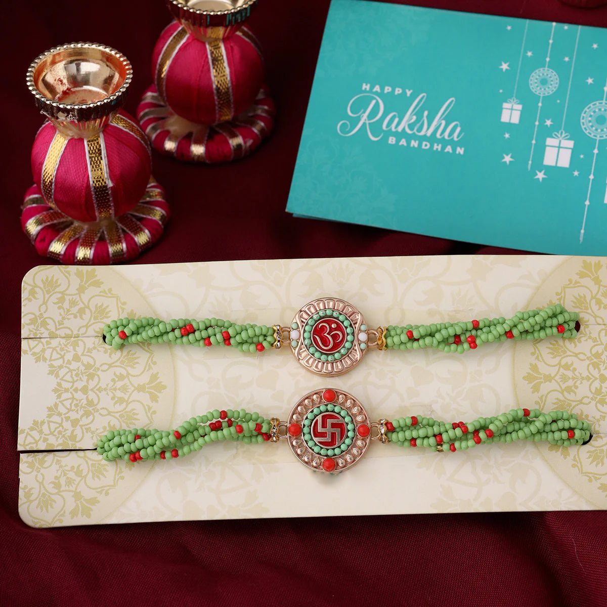 trueBrowns X Voylla Set of Two Beaded Rakhis With Roli Chaawal Pack | Swadesiicart