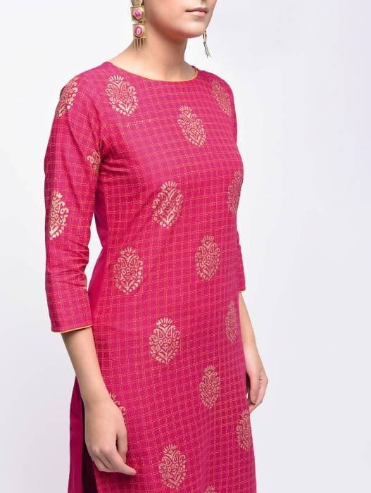 Aniyah Cotton Block Printed Pink Color Straight Kurta (AN-136K) - Swadesiicart
