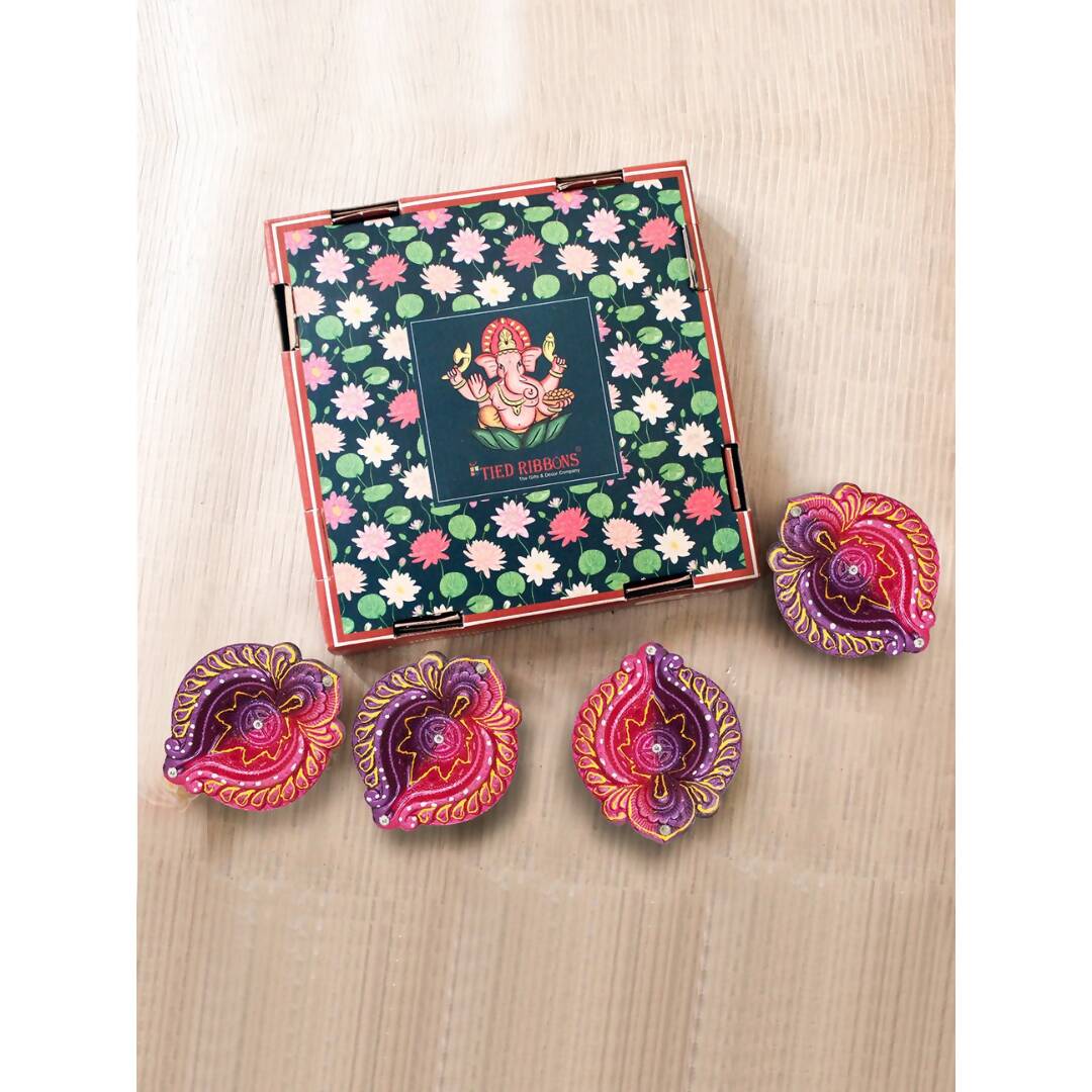Tied Ribbons Set of 4 Red & Violet Textured Terracotta Diyas | Swadesiicart