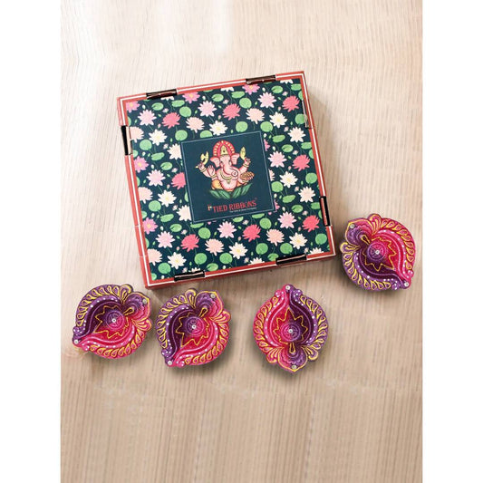 Tied Ribbons Set of 4 Red & Violet Textured Terracotta Diyas | Swadesiicart