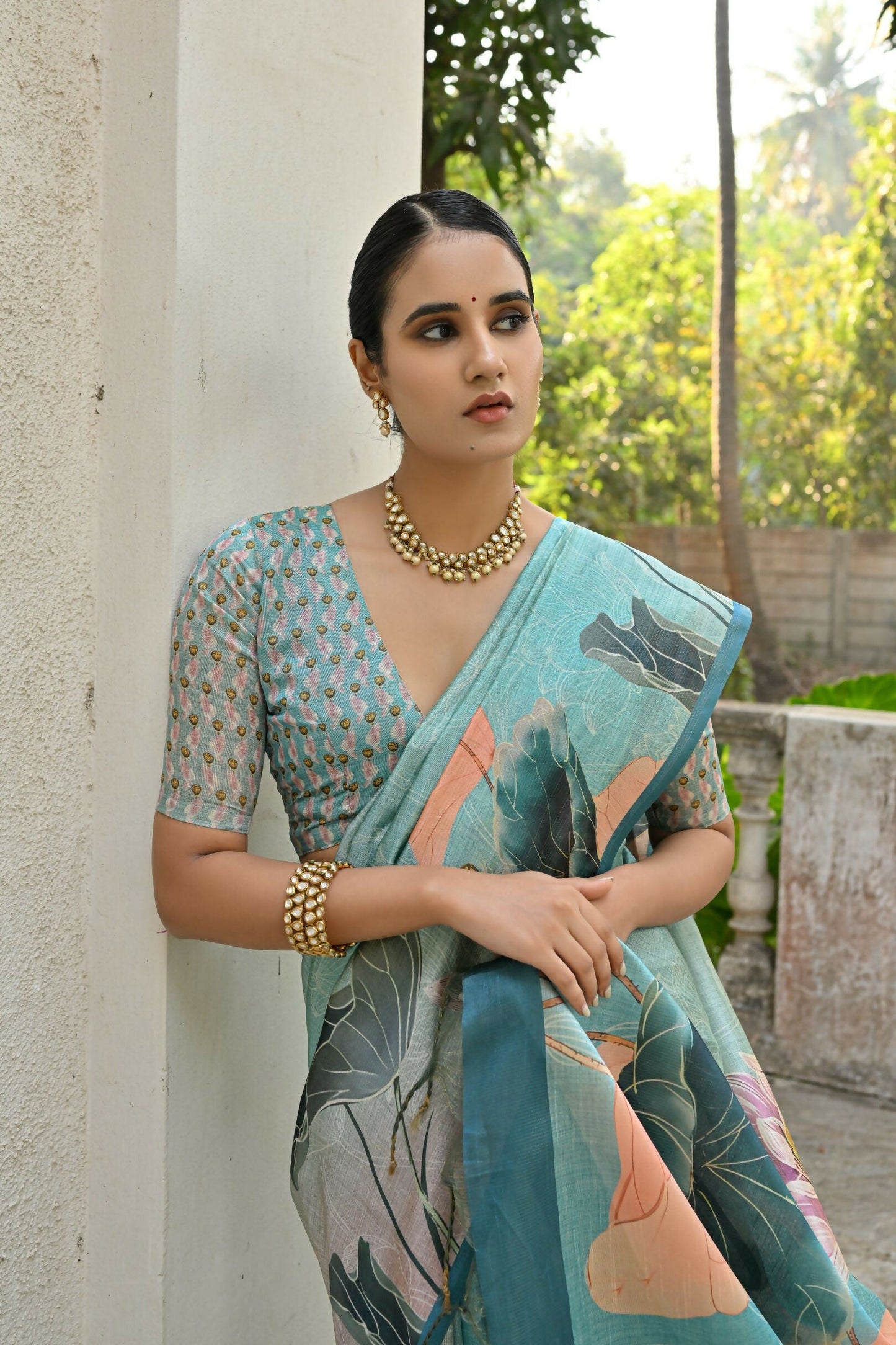 Vishnu Weaves Women's Firozi Cotton Silk Saree with Blouse - Swadesiicart