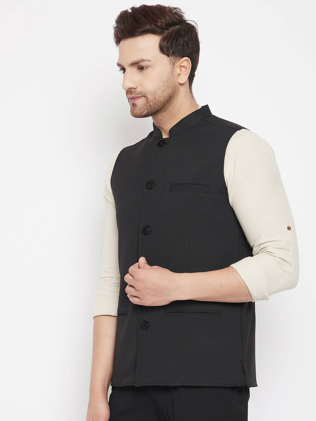 Even Apparels Black Merino Men Woven Nehru Jacket PW668 | Swadesiicart