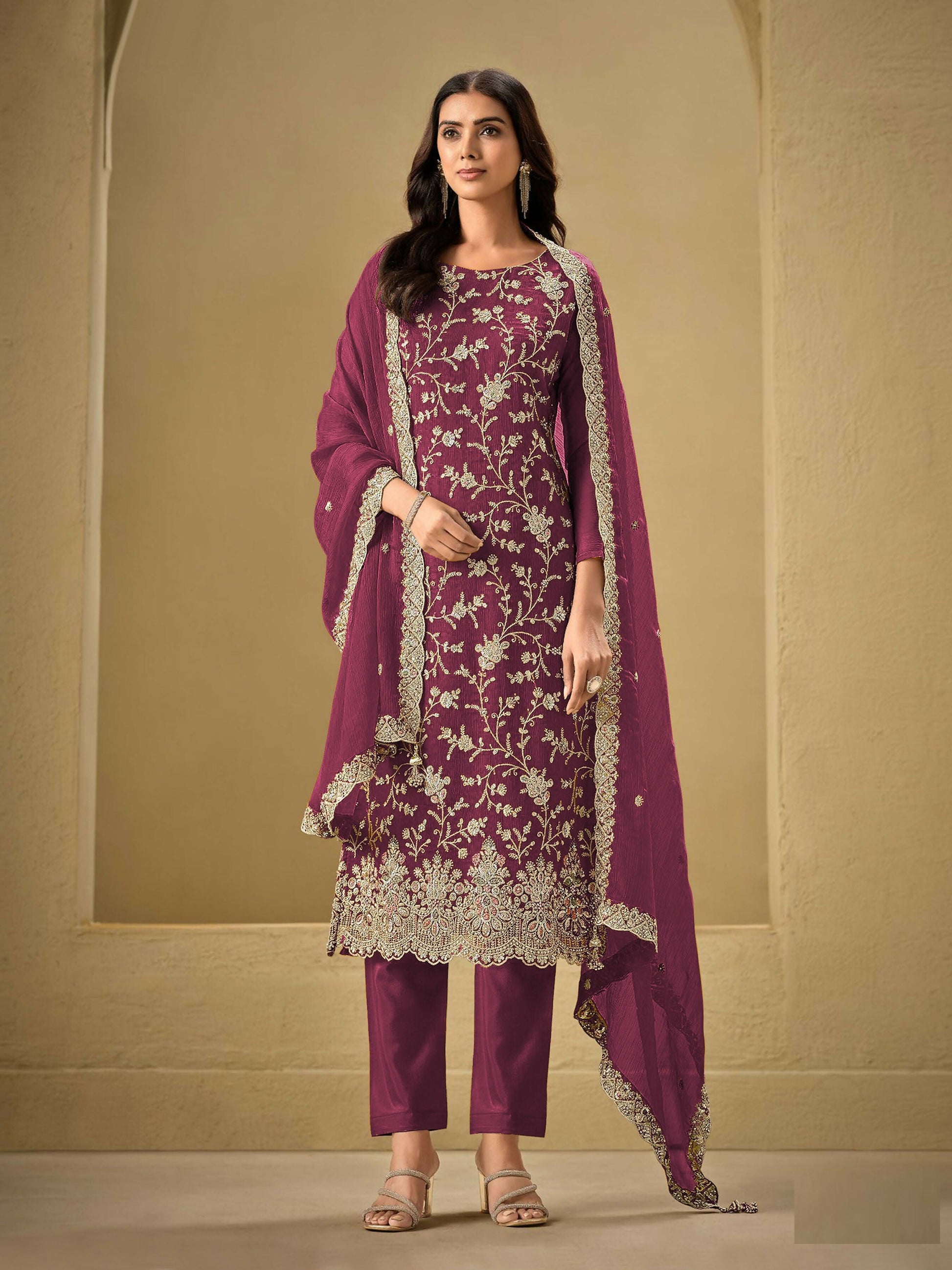 Anaita Maroon Embroidered Silk Stitched Salwar Suit