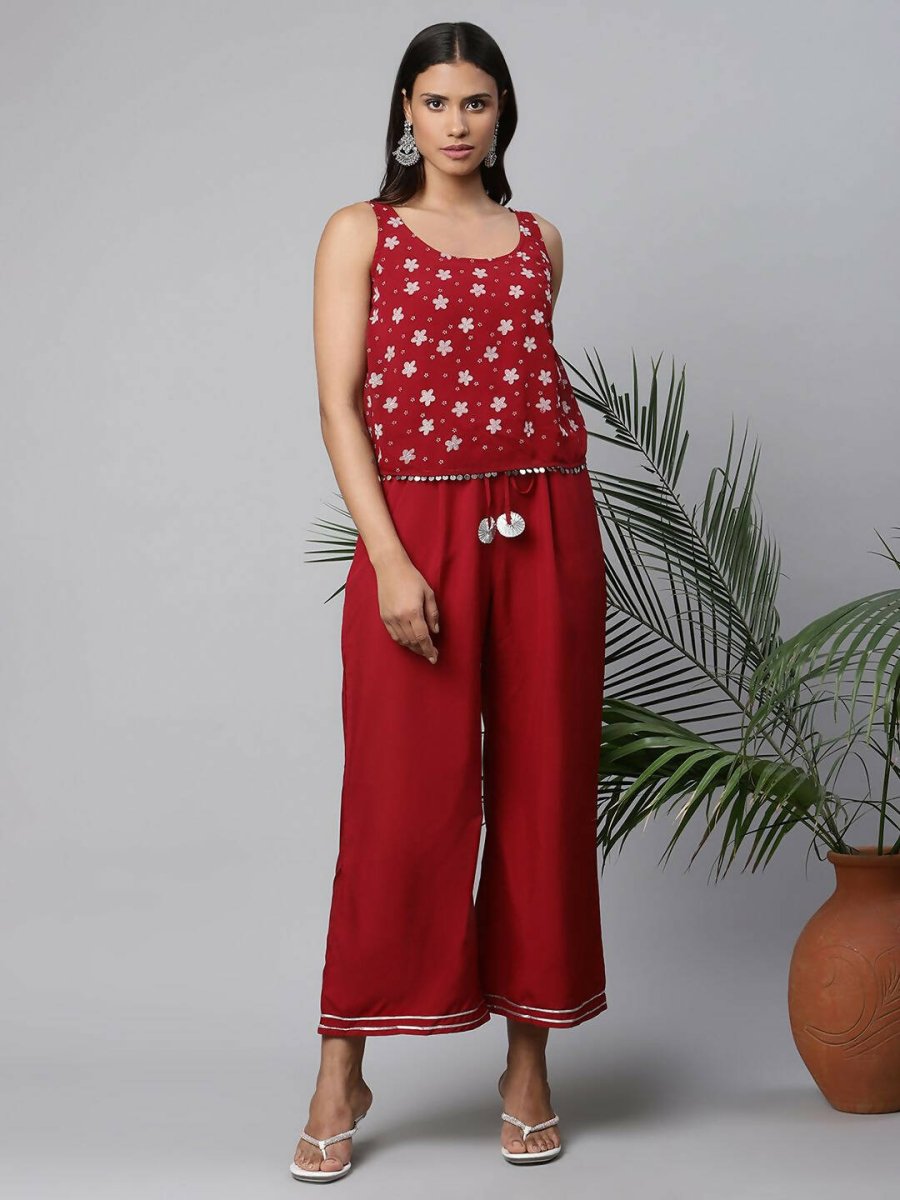 Ahalyaa Womens Maroon Chiffon Printed Jumpsuit - Swadesiicart