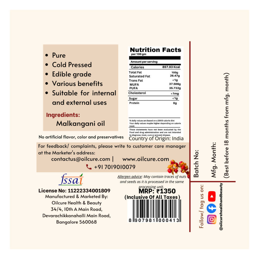 Oilcure Malkangani Oil Cold Pressed - Swadesiicart