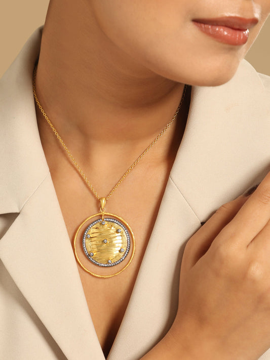 Nuyug 18K Gold-Plated Zircon Studded Minimal Chain Textured Surface Pendant Necklace | Swadesiicart