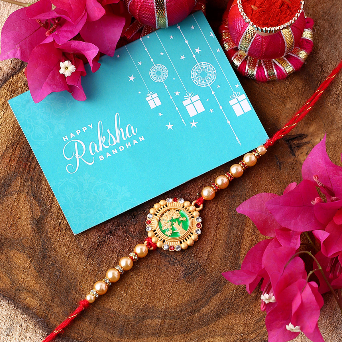 trueBrowns X Voylla Beige Beaded Enamel Rakhi With Roli Chaawal Pack | Swadesiicart