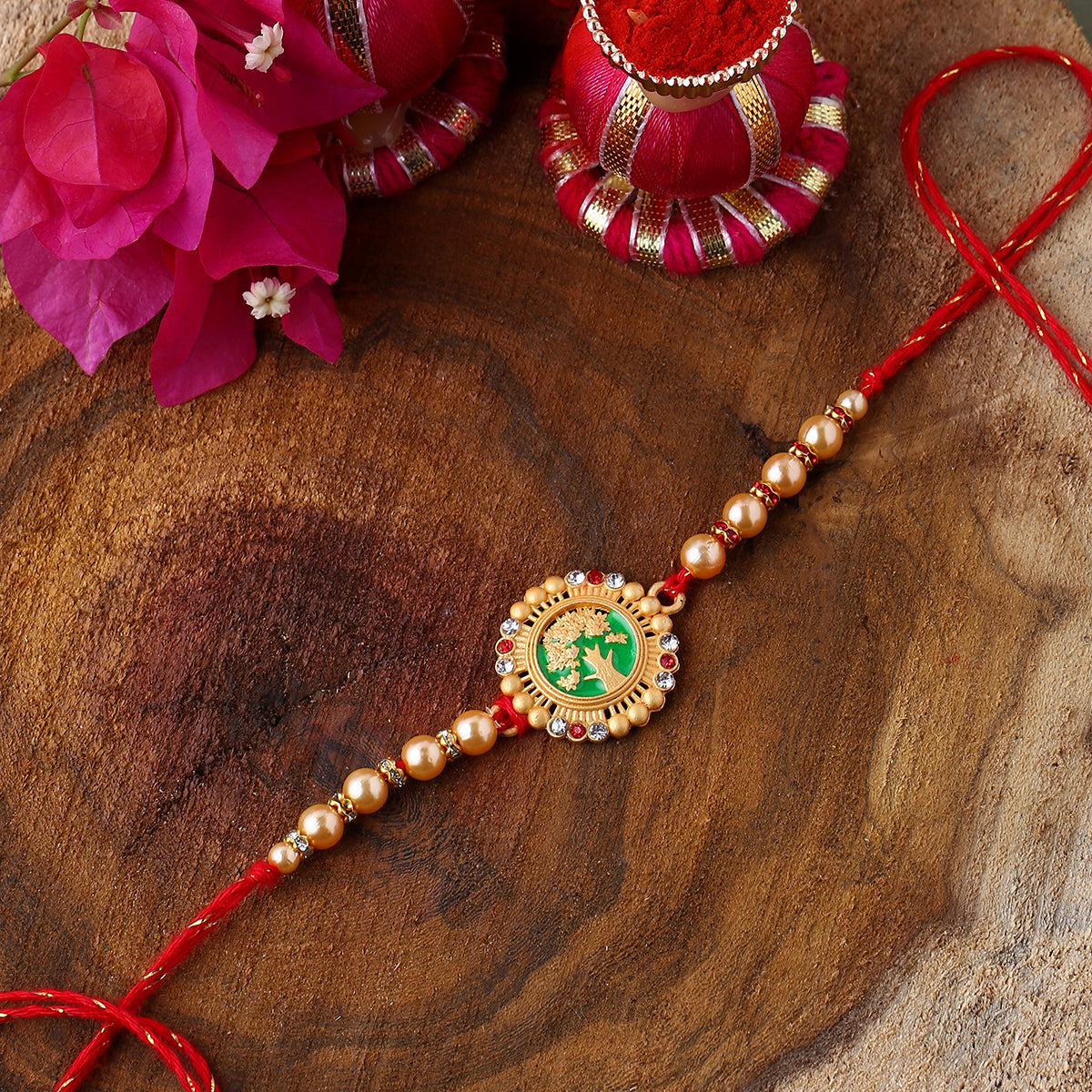 trueBrowns X Voylla Beige Beaded Enamel Rakhi With Roli Chaawal Pack | Swadesiicart