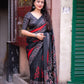 Black Silk Blend Ethnic Motifs Saree with Unstitched Blouse - A2M