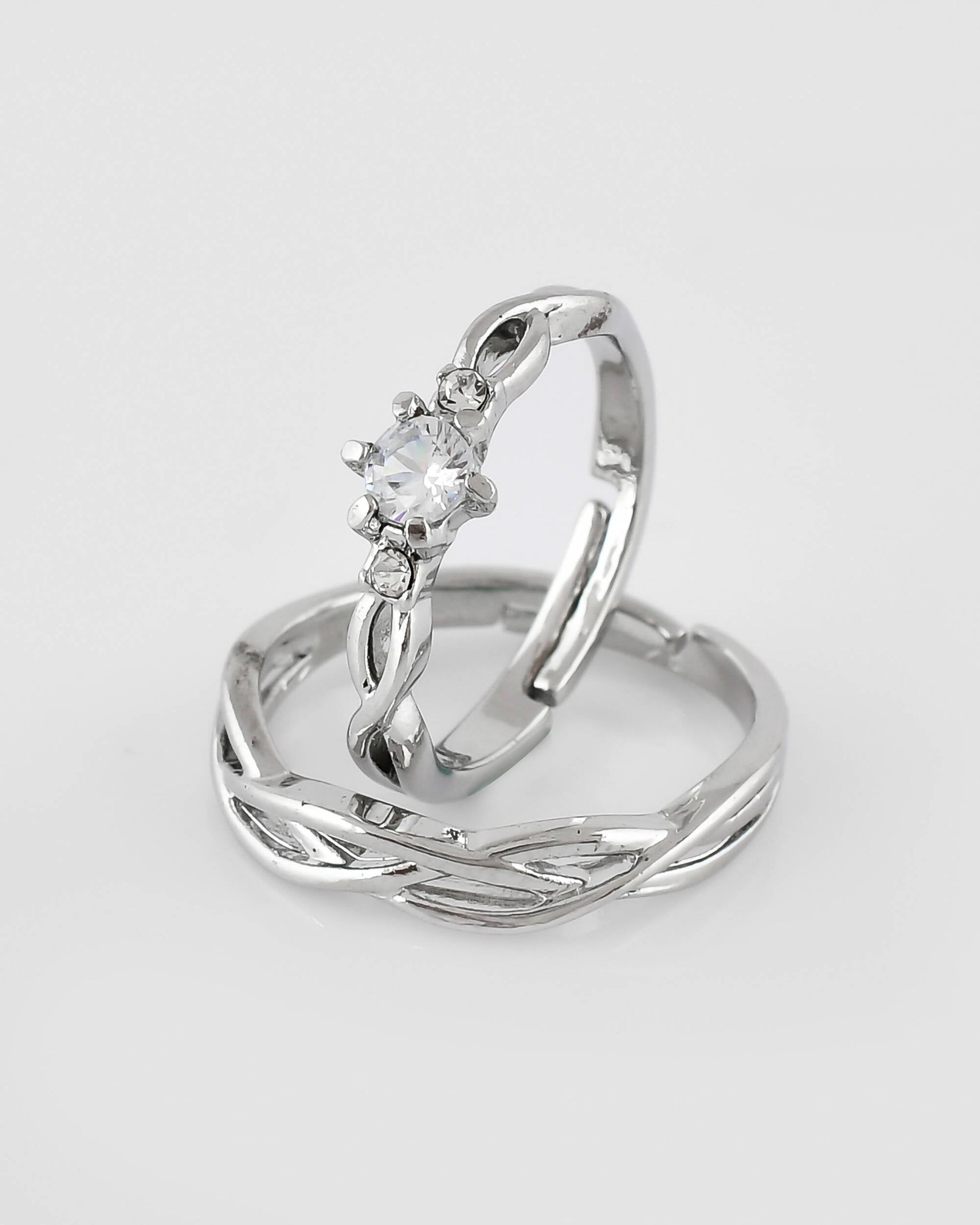 VOJ Stainless Steel Cubic Zirconia Silver Plated Adjustable Ring Set for Couple | Swadesiicart