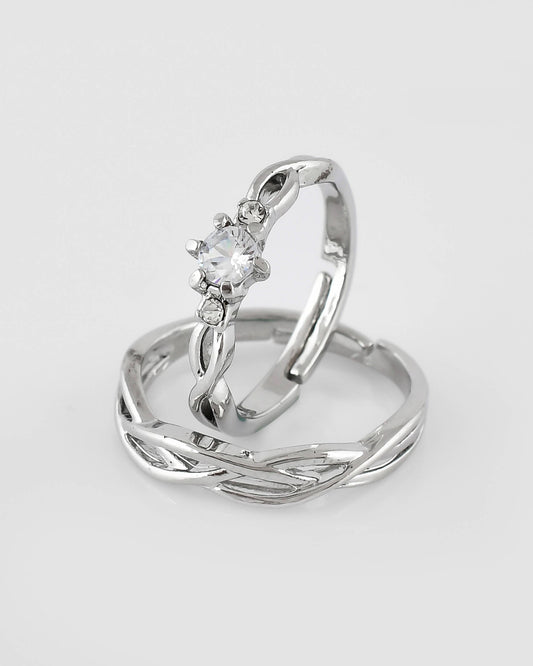 VOJ Stainless Steel Cubic Zirconia Silver Plated Adjustable Ring Set for Couple | Swadesiicart