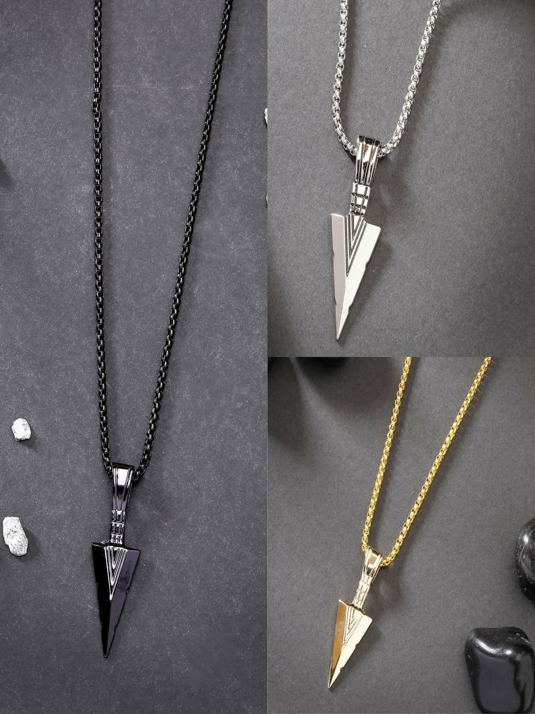 NVR Men's Set of 3 Multicolor Rhodium-Plated Arrow-Shaped Pendant With Chain | Swadesiicart