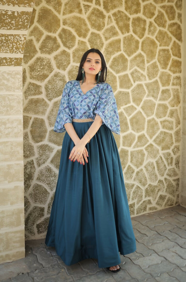 Jyoti Fashion Women's Teal Printed with Sequins Chinon Anarkali Dress | Swadesiicart