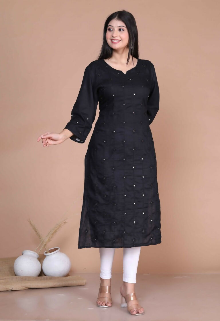 Miravan Women's Black Embroidered And Mirror Work Pakistani Straight Kurti - Swadesiicart