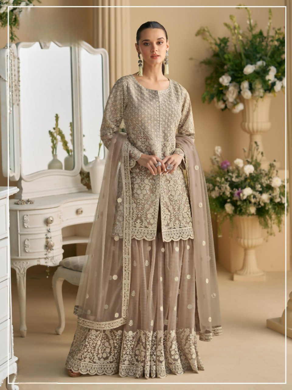 Anaita Cream Heavy Net Readymade Suit with Embroidery & Sequence Work