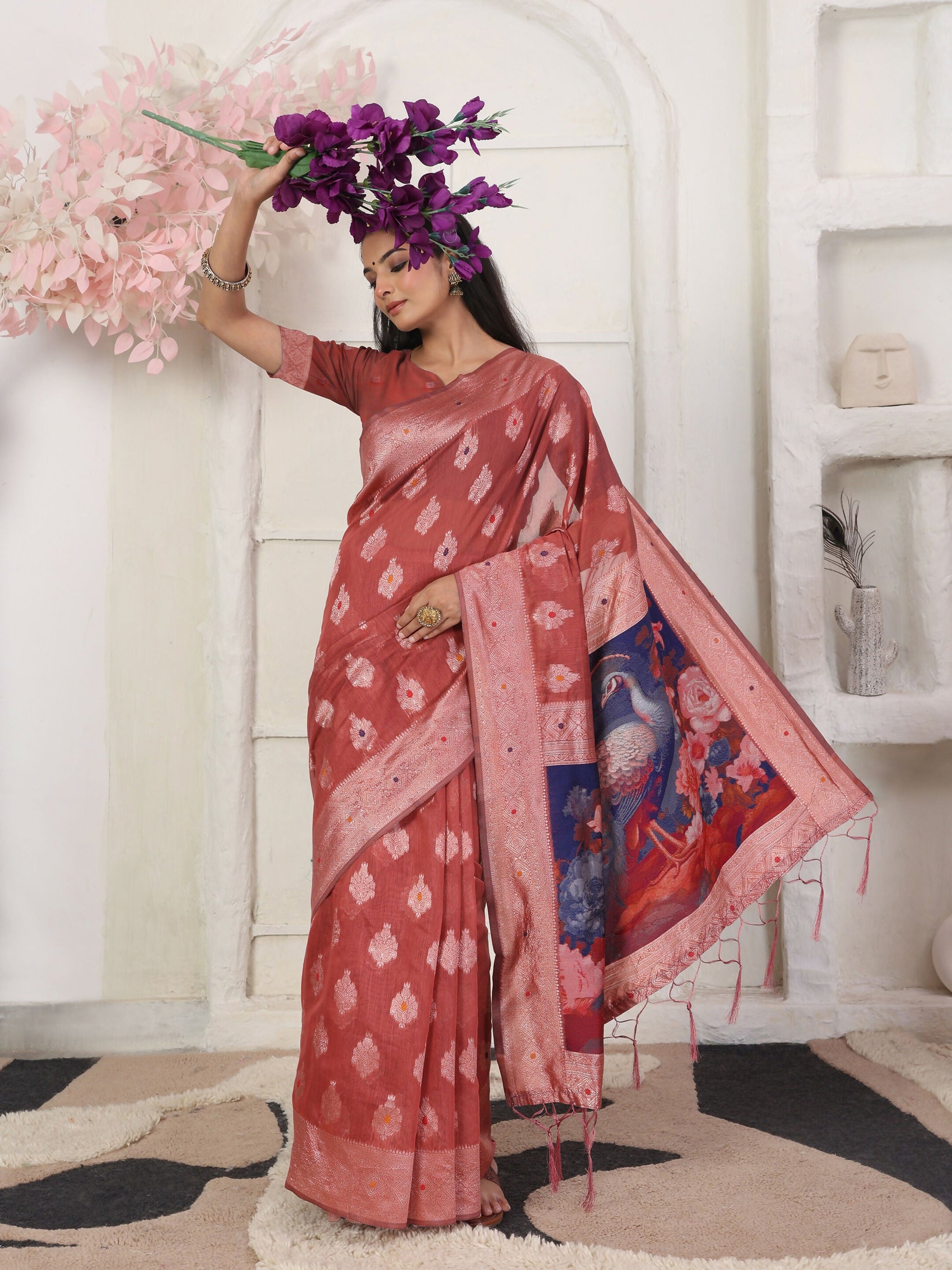 Shree Shyam Fashion Linen Cotton Rust Saree
