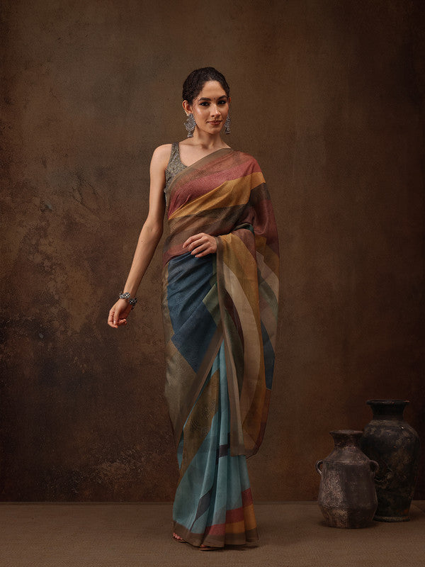 Multicolor Silk Blend Digital Print Striped Saree with Unstitched Blouse - Hiral Fashion | Swadesiicart