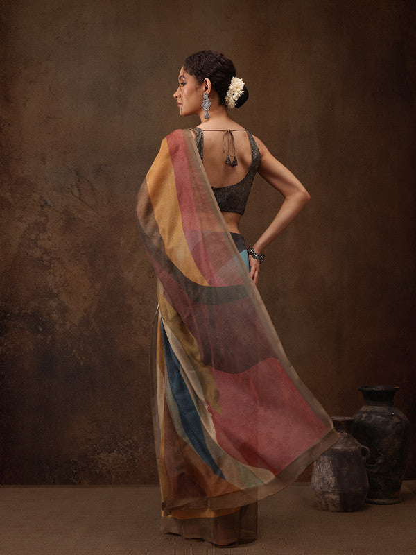Multicolor Silk Blend Digital Print Striped Saree with Unstitched Blouse - Hiral Fashion | Swadesiicart
