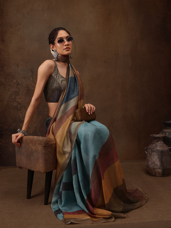 Multicolor Silk Blend Digital Print Striped Saree with Unstitched Blouse - Hiral Fashion | Swadesiicart