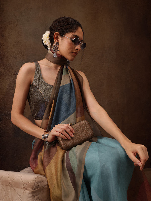 Multicolor Silk Blend Digital Print Striped Saree with Unstitched Blouse - Hiral Fashion | Swadesiicart