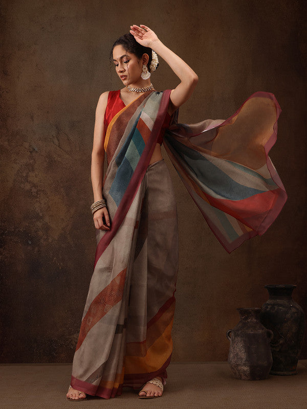 Multicolor Silk Blend Digital Print Striped Saree with Unstitched Blouse - Hiral Fashion | Swadesiicart