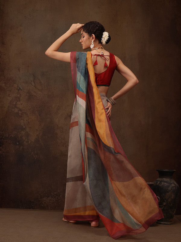 Multicolor Silk Blend Digital Print Striped Saree with Unstitched Blouse - Hiral Fashion | Swadesiicart