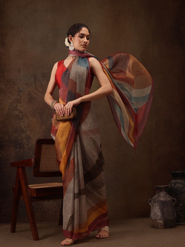 Multicolor Silk Blend Digital Print Striped Saree with Unstitched Blouse - Hiral Fashion | Swadesiicart