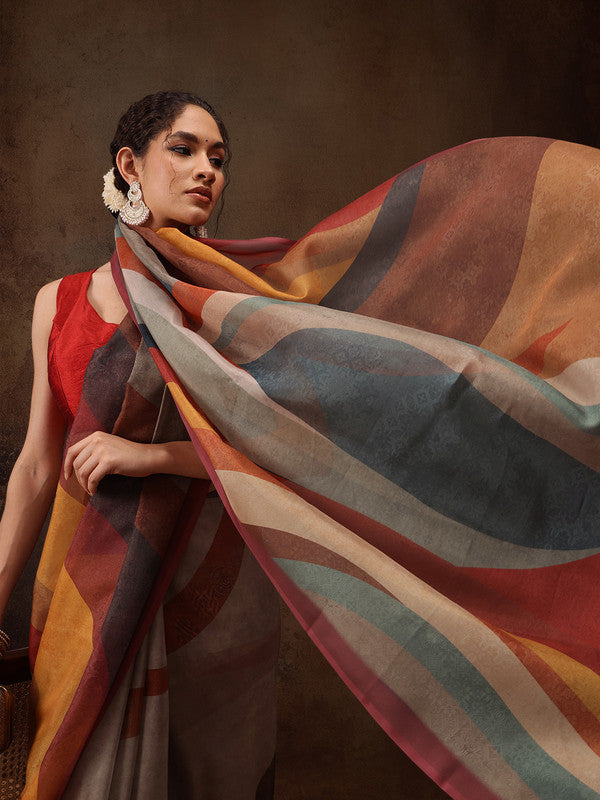 Multicolor Silk Blend Digital Print Striped Saree with Unstitched Blouse - Hiral Fashion | Swadesiicart