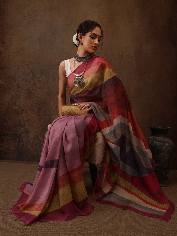 Multicolor Silk Blend Digital Print Striped Saree with Unstitched Blouse - Hiral Fashion | Swadesiicart