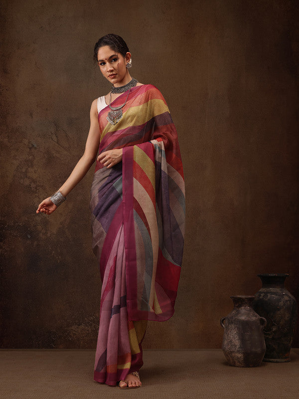 Multicolor Silk Blend Digital Print Striped Saree with Unstitched Blouse - Hiral Fashion | Swadesiicart
