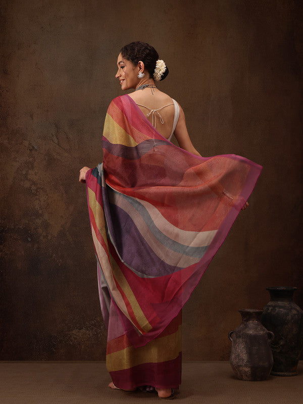 Multicolor Silk Blend Digital Print Striped Saree with Unstitched Blouse - Hiral Fashion | Swadesiicart