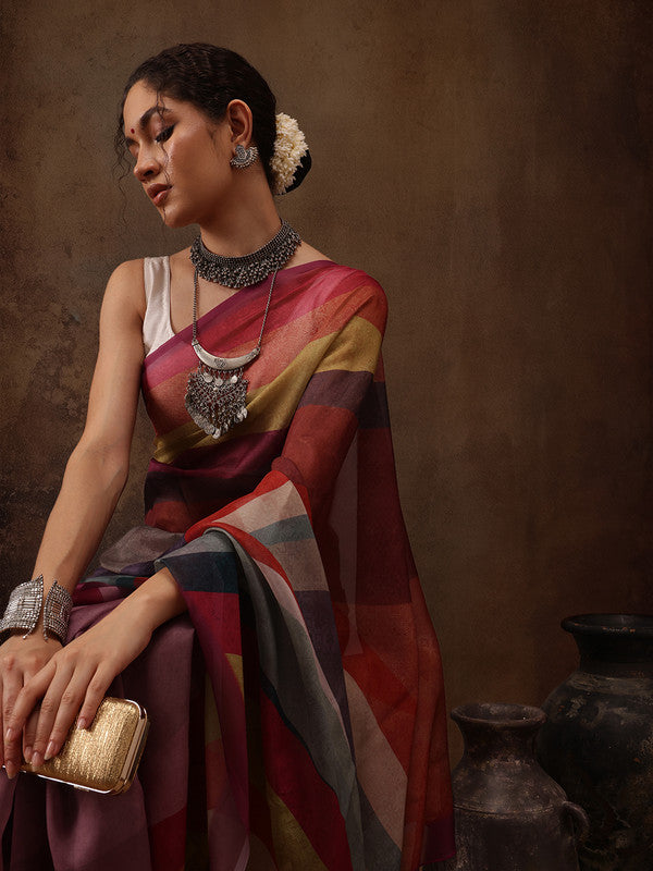 Multicolor Silk Blend Digital Print Striped Saree with Unstitched Blouse - Hiral Fashion | Swadesiicart