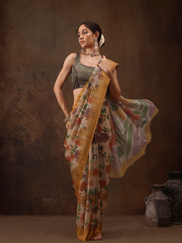 Multicolor Silk Blend Digital Print Floral Saree with Unstitched Blouse - Hiral Fashion | Swadesiicart
