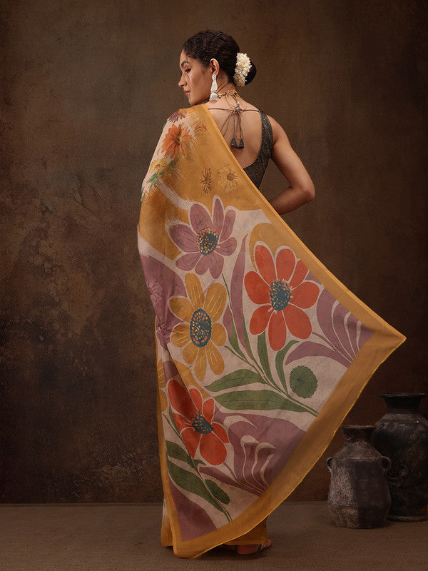 Multicolor Silk Blend Digital Print Floral Saree with Unstitched Blouse - Hiral Fashion | Swadesiicart