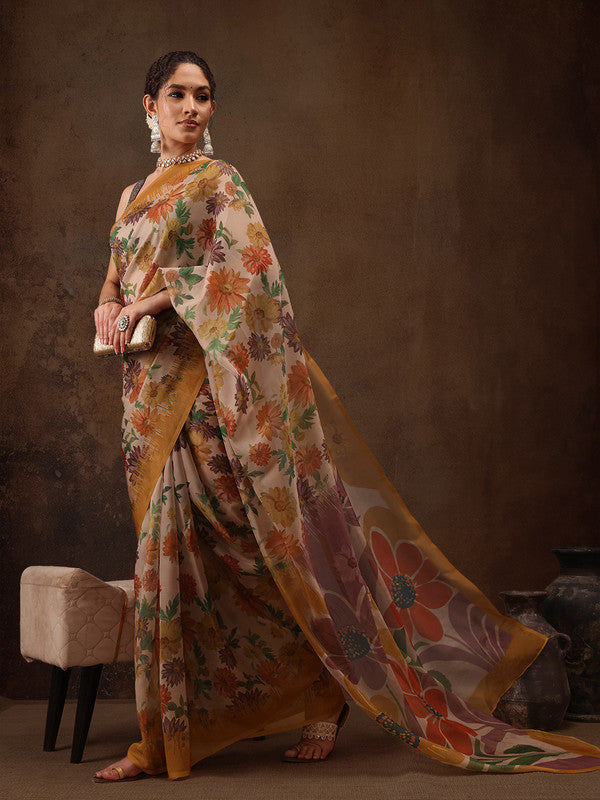 Multicolor Silk Blend Digital Print Floral Saree with Unstitched Blouse - Hiral Fashion | Swadesiicart