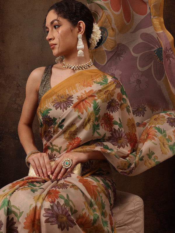 Multicolor Silk Blend Digital Print Floral Saree with Unstitched Blouse - Hiral Fashion | Swadesiicart