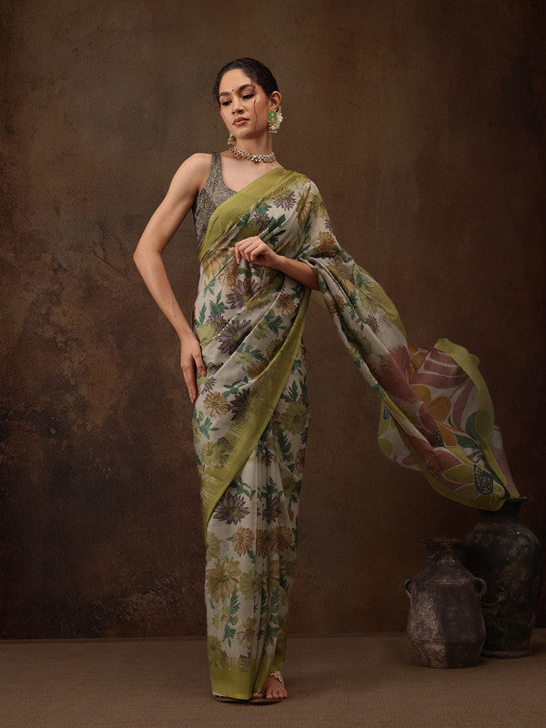 Multicolor Silk Blend Digital Print Floral Saree with Unstitched Blouse - Hiral Fashion | Swadesiicart