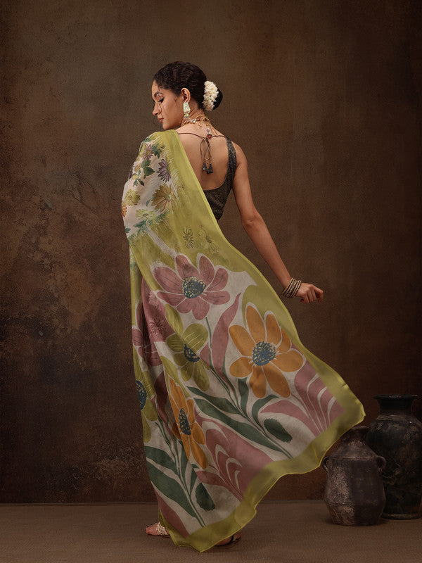 Multicolor Silk Blend Digital Print Floral Saree with Unstitched Blouse - Hiral Fashion | Swadesiicart