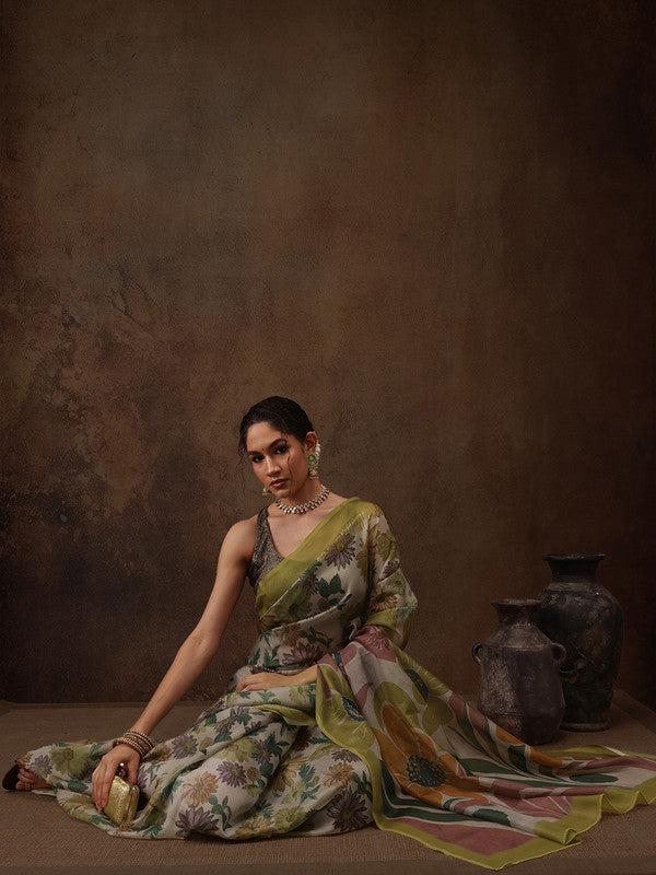 Multicolor Silk Blend Digital Print Floral Saree with Unstitched Blouse - Hiral Fashion | Swadesiicart