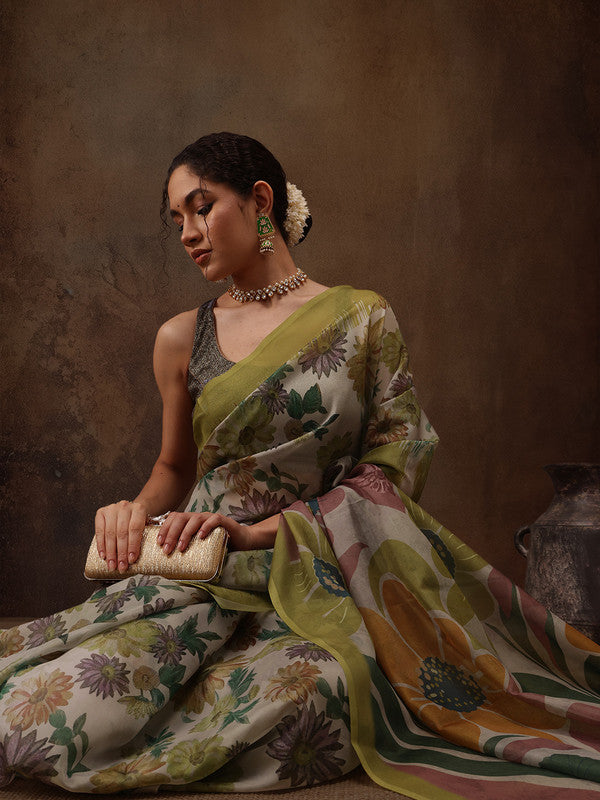 Multicolor Silk Blend Digital Print Floral Saree with Unstitched Blouse - Hiral Fashion | Swadesiicart