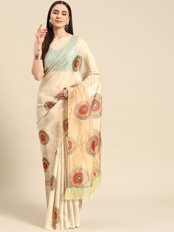 Beige Silk Blend Digital Print Geomatric Saree with Unstitched Blouse - Hiral Fashion | Swadesiicart