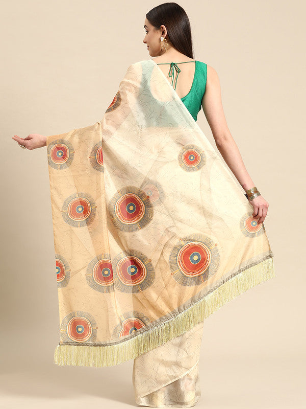 Beige Silk Blend Digital Print Geomatric Saree with Unstitched Blouse - Hiral Fashion | Swadesiicart