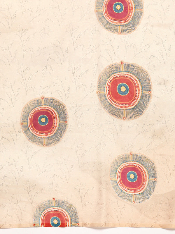 Beige Silk Blend Digital Print Geomatric Saree with Unstitched Blouse - Hiral Fashion | Swadesiicart