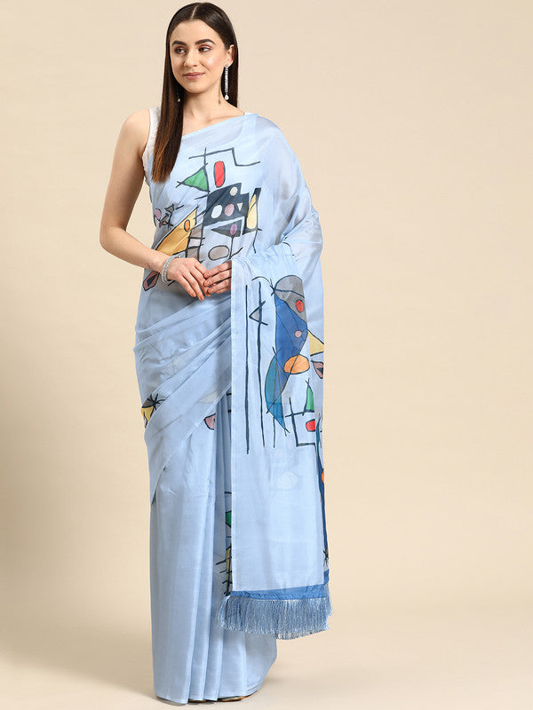 Blue Silk Blend Digital Print Warli Saree with Unstitched Blouse - Hiral Fashion | Swadesiicart