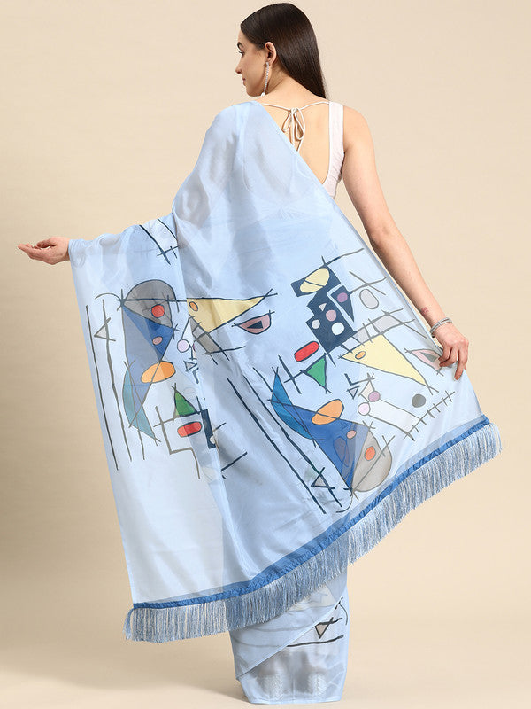 Blue Silk Blend Digital Print Warli Saree with Unstitched Blouse - Hiral Fashion | Swadesiicart
