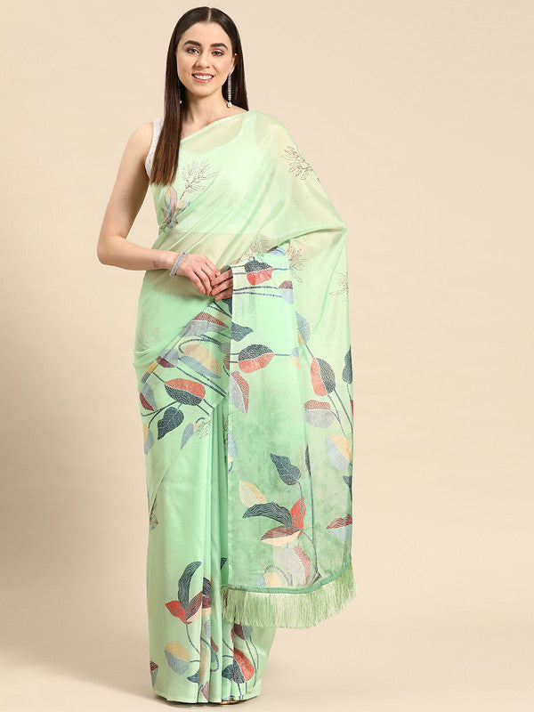 Green Silk Blend Digital Print Floral Saree with Unstitched Blouse - Hiral Fashion | Swadesiicart