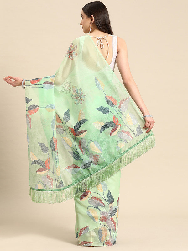 Green Silk Blend Digital Print Floral Saree with Unstitched Blouse - Hiral Fashion | Swadesiicart