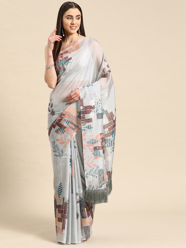 Gray Silk Blend Digital Print Floral Saree with Unstitched Blouse - Hiral Fashion | Swadesiicart