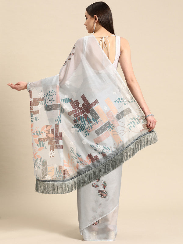 Gray Silk Blend Digital Print Floral Saree with Unstitched Blouse - Hiral Fashion | Swadesiicart